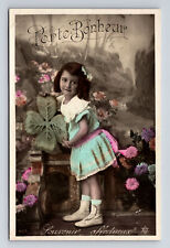 RPPC Young French Girl Lucky Charm Flowers Clover Hand Colored Postcard picture