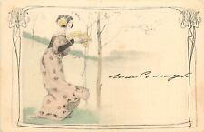 M.M. Vienne Hand-Colored Art Nouveau Postcard, Elegant Woman in Spring Landscape picture