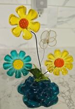 1969 Vintage Resin Lucite Acrylic Daisy 3 Flower Sculpture Blue Yellow 6.25