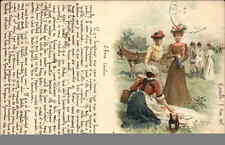Picnic Beautiful Women Wine Long French Message Fine Handwriting Front c1900s picture