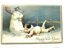 1909 CHRISTMAS New Year Postcard Animated Magical SNOWMAN Clown Pierrot Frosty picture