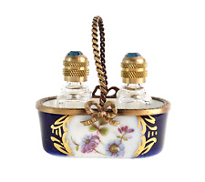 Vtg Dubarry Limoges Miniature Cobalt Gold Floral Basket With Two Scent Bottles picture