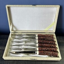 Vintage Y.C.C YCC 6 Stainless Steak Knives Set Faux Antler Handles Original Box picture