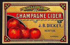 J.B. Dickey Champagne Cider Paper Label Newton, Kansas NOS Scarce VGC c1900 picture