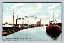 Sault Ste Marie MI-Michigan, A Busy Day At The Locks, Vintage Postcard picture