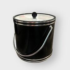 Vintage MCM Retro Black Vinyl with Dual Silver Bands Ice Bucket For Bar Barware picture