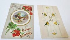 2 Antique Birthday Greetings Postcards - Geraniums and Yellow Roses picture