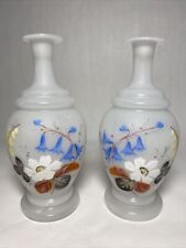 Antique Hand Painted BRISTOL Satin Floral Glass Vases  Set of 2 - Stunning 8” T picture