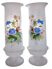 Antique Pair Hand Blown Painted Opaline Glass Vase Lot Pair Blue on White 10.5