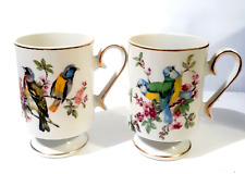 Vtg Royal Crown Porcelain Pedestal Coffee Mug/Cup Birds Gold Color Trim Set of 2 picture