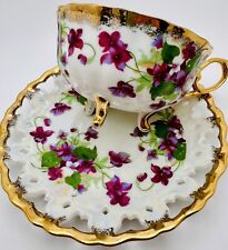 Vintage Halsey Japan Gold Violet Footed Iridescent Cup & Open Edge Saucer Teacup picture