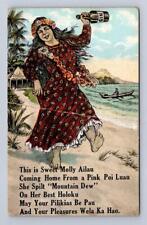 MOLLY AILAU PINK POI LUAU MOUNTAIN DEW GIN ALCOHOL COMIC HAWAII POSTCARD c. 1910 picture