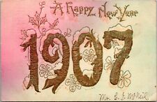 Happy New Year~1907~Four Leaf Clovers~Gold Embossed Postcard~Glitter~Posted 1906 picture