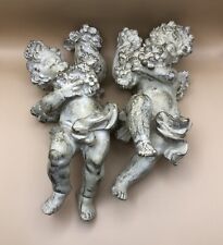 Antique Putti Angel Pair Chalk Ware Carved Plaster Painted Cherubs 11” picture