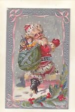 vintage antique EMBOSSED RED SUIT SANTA CLAUSE SACK TOYS GOING DOWN CHIMMEY picture