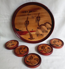 FIJI Hand Made and Decorated Wooden Tray with 5 Coasters. 