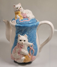 Vintage Cat Teapot White Kitten on Lid Playing with Yarn picture