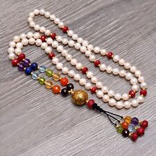 Mala: Handcrafted Pearl Round, Ruby Beads, Seven Chakra With Macrame Tassel mala picture