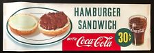 NOS 1950 COCA COLA Advertising 22x7 Paper Sign: HAMBURGER, ONIONS, GLASS of COKE picture
