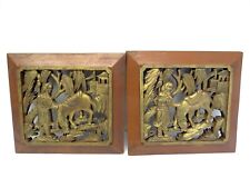 Two Vintage Carved Pair Gold Red Asian Motif Donkey Chinese Man Carvings Art picture