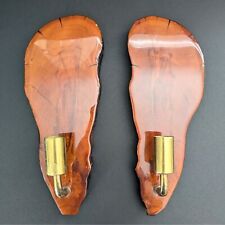 2 Vtg MCM Handmade Live Edge Cut Wood Plank and Brass Wall Sconce Candle Holders picture