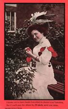 Vintage Postcard 1909 Valentine Beautiful Lady White Dress Making Red Hearts picture