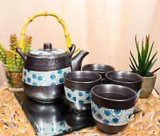 Ebros Japanese Design Cherry Petals Charcoal Grey Ceramic Tea Pot & Four Cups picture