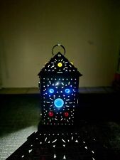 Antique Bradley & Hubbard Style Pierced Brass Jeweled Candle Lamp Lantern picture