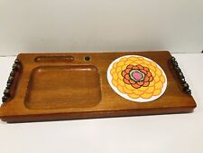 Vintage Wooden Cheese Board Serving Tray with Floral Tile Trivet 1970’s Japan picture