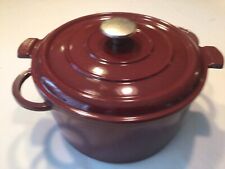 Dutch Oven W/ Lid Burgundy Red Enamel Round Cast Iron 5 Qt French France Vintage picture