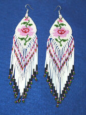 Pink Rose Earrings Handmade Beaded Native Regalia Fringed 6