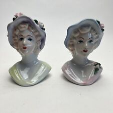 Lot Of 2 Vintage Porcelain Head Vase, Lady With Hat Makeup Brush Holder picture