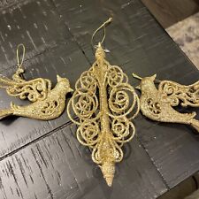 3 Ornaments 2 x Gold Glitter Bird and 1 x Finial Ornaments picture
