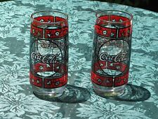 2 VTG COCA COLA GLASSES WITH A TIFFANY-STYLE STAINED GLASS LEAF & FLOWER BORDERS picture