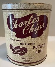 Vintage Charles Chips Chip Round Metal 16 oz Tin Can With Lid picture