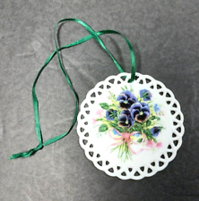 Vtg Milk Glass Ornament Cut Out Edge Decorated w/Purple Flowers 3.25
