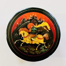 Vtg Round Russian Lacquer Pill Trino Box Hand Painted Signed Fairy Tale Story picture