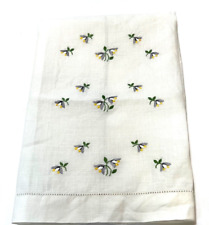 Vintage Tea Towel Cross Stitch Embroidery Linen White Purple Flowers 18.5