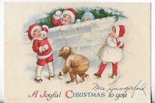 Used Vtg Christmas CARD-apx 4.75x3.25 ART DECO Joyful Xmas Kids and Snowballs picture