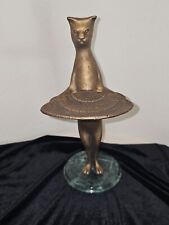 Vintage Bronze Feline Cat Butler Sculpture w/ Shell Change Tray picture