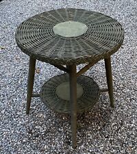 Stunning Vtg Mid Century, Green Wicker 2 Tier Round Game Porch Table 19”w x 24”h picture