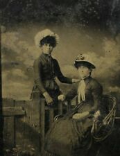 C.1880s Tintype 2 Beautiful Women Large Feathered Hat Wicker Chair Rural Set T2 picture