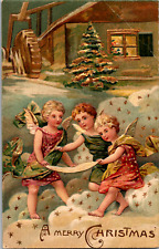C. 1910 Merry Christmas Angles Cherub Playing Gold Guild Stars Embossed Postcard picture
