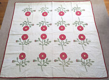 Antique Hand Applique Flowers Hand Quilted RED and GREEN Quilt 80 x 84 picture