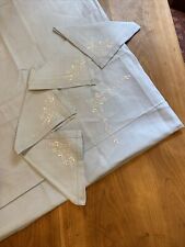 Vintage Fine Cotton Tablecloth 4 napkins blue W/ White Embroidered Flowers sq45” picture