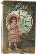 c1912 Hungarian Happy New Year Cute Girl Clock Gold Gilt Embossed Postcard picture