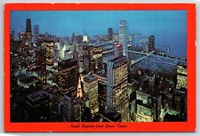 Postcard Night Skyline from Sears Tower Chicago Lake Michigan Chrome Posted '77 picture