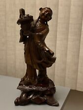 Large Wood Carving Woman With Basket Vintage picture