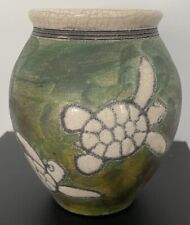 Large 6” Signed Christopher Matti Raku Art Pottery Turtle Vase Maui Hawaii picture