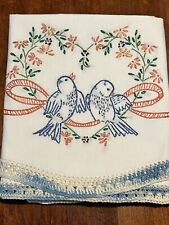 Pair Vintage Embroidered Blue Bird Ribbon Pillowcases Queen Size Crochet Trim. picture
